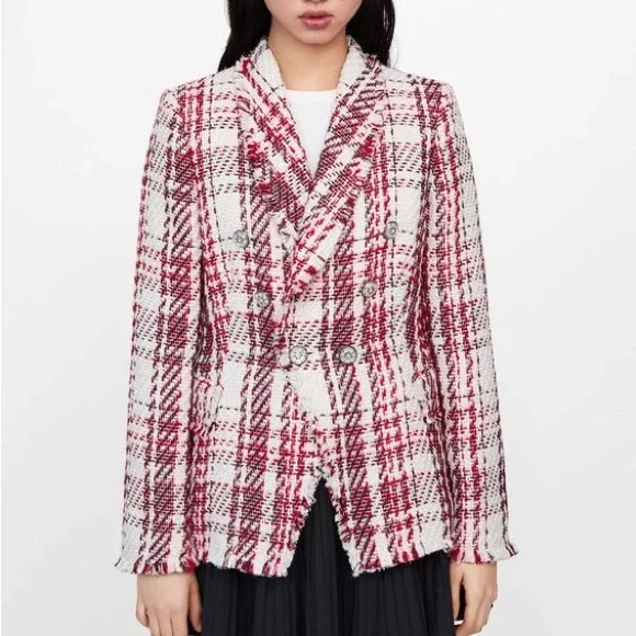 Zara Jackets Coats Zara Red Plaid Tweed Jacket Blazer Size S
